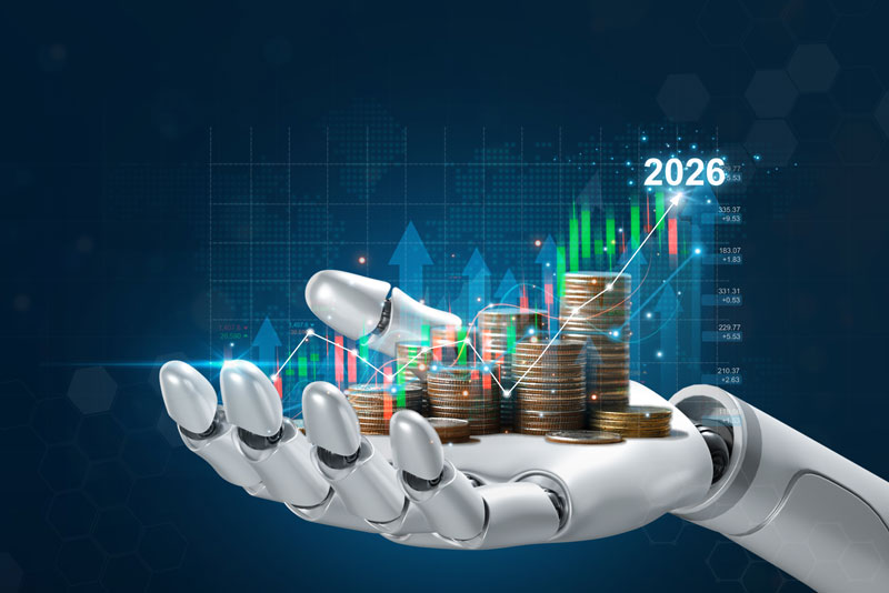 Roboterhand hält steigende Stapel von Münzen mit digitalen Charts 2026, die künstliche Intelligenz in der Fintech-Branche zeigen.